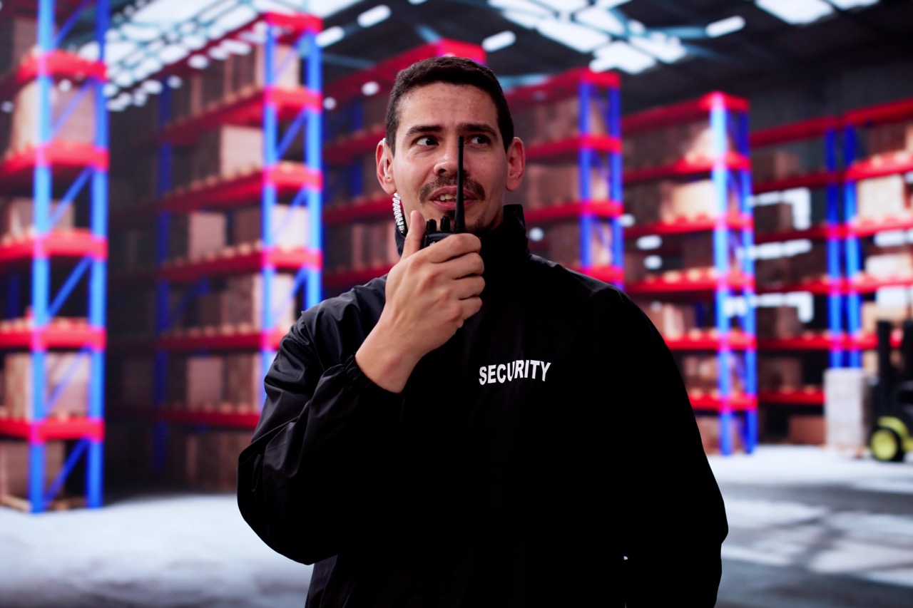 Physical security guard patrols a distribution warehouse and communicates using a push-to-talk device.